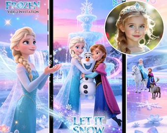 May include: Animated Frozen video invitation featuring Elsa, Anna, and Olaf. The design includes a photo frame and the text "Let It Snow". The background shows a fountain and a winter scene.