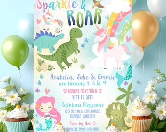 May include: A colorful invitation with the text "Sparkle & ROAR" features illustrations of unicorns, dinosaurs, and a mermaid. The invitation announces a party for children turning 4, 6, and 9, with the date, time, and location details.