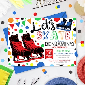 ICE SKATING INVITATION Ice Skating Party Invitation Ice Skate Birthday Rainbow Ice Skating Corjl Instant Editable File Boy Girl Ice Skating