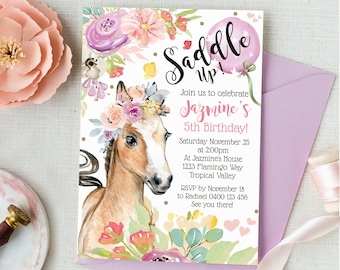 HORSE INVITATION Floral Horse Party Invitations Instant Download Saddle Up Horse Birthday Invitation Editable Floral Horse Invitation Pony