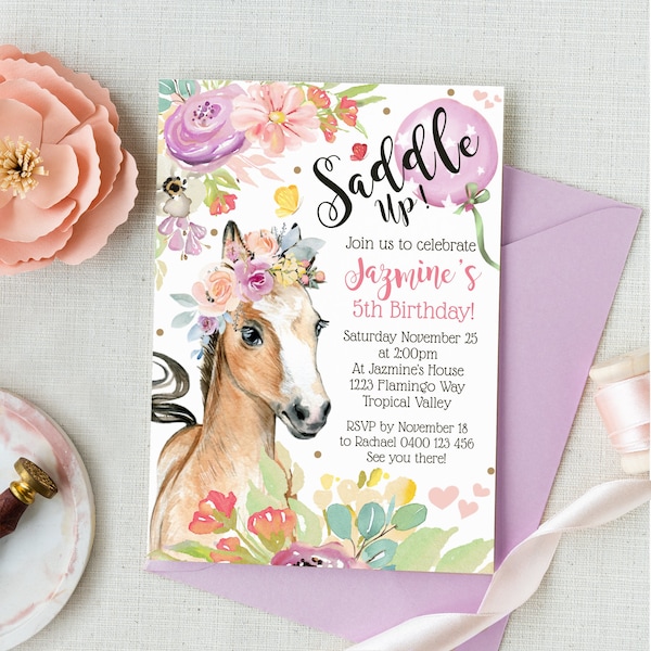 HORSE INVITATION Floral Horse Party Invitations Instant Download Saddle Up Horse Birthday Invitation Editable Floral Horse Invitation Pony
