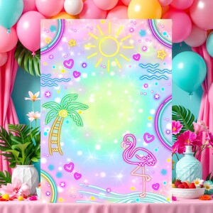 May include: A digital background featuring a pink, blue, and green ombre with neon accents. The background includes a palm tree, a flamingo, a sun, and stars. The background is perfect for a birthday party or other celebration.