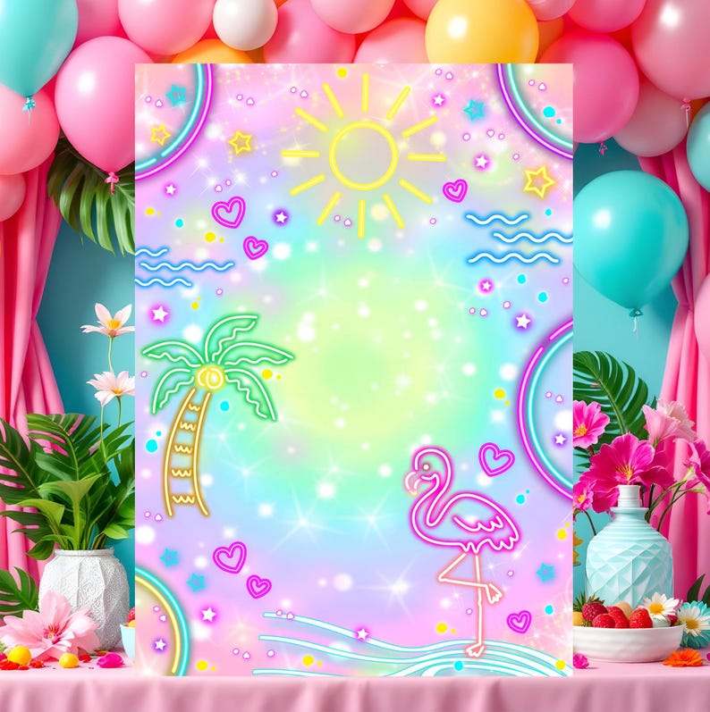 May include: A digital background featuring a pink, blue, and green ombre with neon accents. The background includes a palm tree, a flamingo, a sun, and stars. The background is perfect for a birthday party or other celebration.