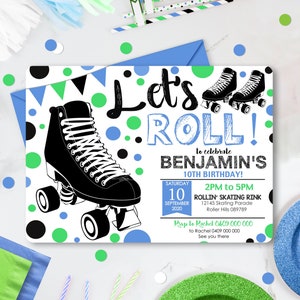 ROLLER SKATE INVITATION Boy Roller Skating Party Invitation Boy Roller Skate invitation Boy Roller Skate Party Blue Green Roller Skate Corjl