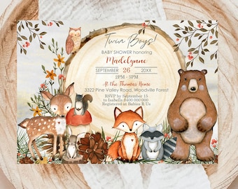 Woodland Twin Boys Baby Shower Invitation (Digital Download)