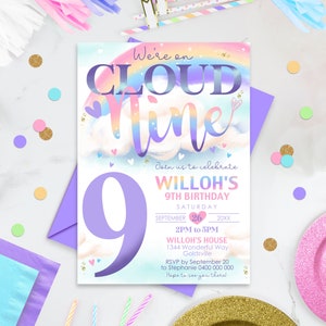 Cloud 9 Birthday Invitation Editable Cloud Nine Birthday Invitation Digital Rainbow Cloud 9 Invitation Watercolor Cloud 9 Party Invitation image 1
