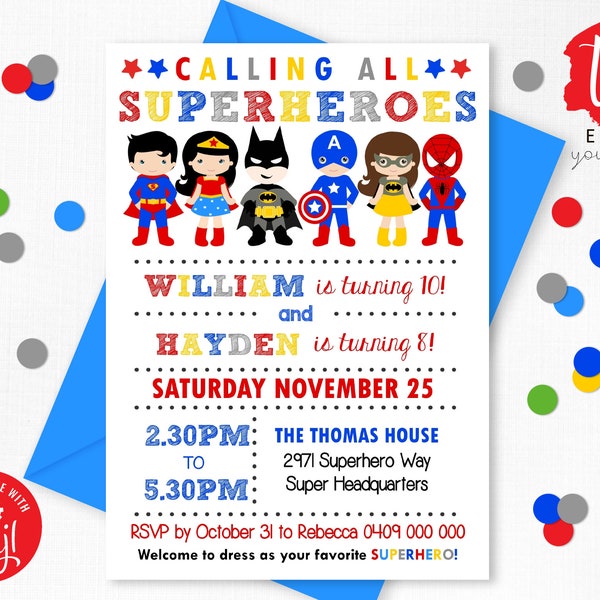 SUPERHERO SIBLING BIRTHDAY Invitation Boy Girl Superhero Invitation Superhero Joint Birthday Invitation 2 names Superhero Invitation Corjl