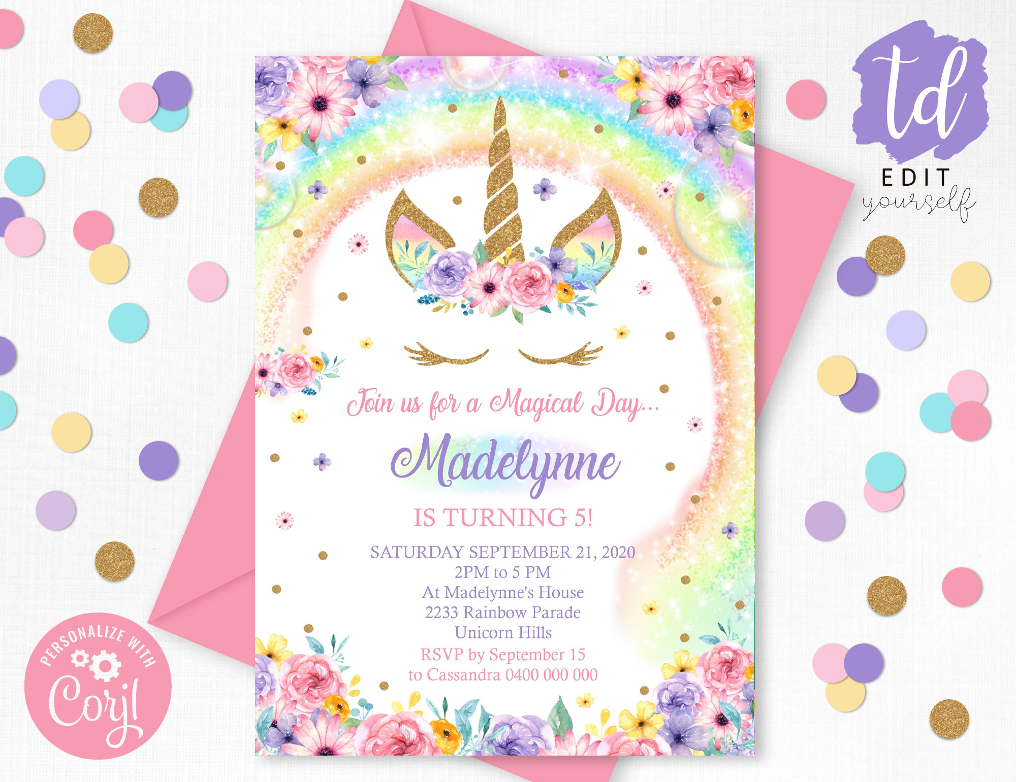 Rainbow Unicorn Birthday Party Invitation Rainbow Glitter Unicorn unicorn invitation unicorn birthday invitation rainbow unicorn