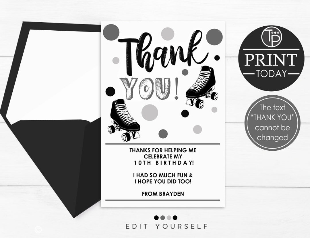 Boy ROLLER SKATE THANK You Card, Black Rollerskate Thank You Cards ...