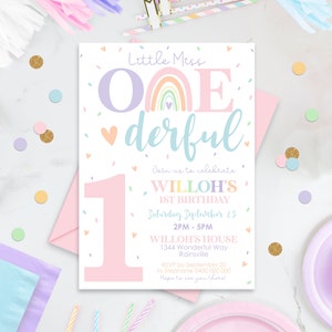 REGENBOGEN 1 Geburtstags-Einladung bearbeitbar Kleine Miss Onederful Einladung Digital Moderne Regenbogen Erste Geburtstags-Einladungs-Mädchen-Party