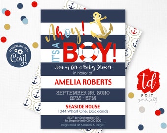 AHOY IT'S A BOY Baby Shower Invitation Anchor Baby Shower Invitations Editable Nautical Baby Shower Invitation Boy Baby Shower Invitations