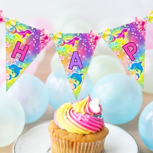 DOLPHIN BUNTING FLAGS Rainbow Dolphin Party Flags Editable Dolphin Birthday Banner Corjl Dolphin Happy Birthday Banner Editable Dolphin