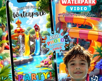 May include: A digital invitation for a waterpark party, featuring a vibrant illustration of water slides and a pool. The text on the invitation reads "Join us for a Waterpark Party!" and "Add Photo of Your Child". Includes music.