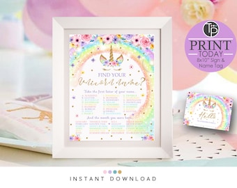 RAINBOW UNICORN GAME, Instant Download Unicorn Game, Rainbow Unicorn Party, Unicorn Name Game, Whats your Unicorn Name Game, 10x8 Sign 0210
