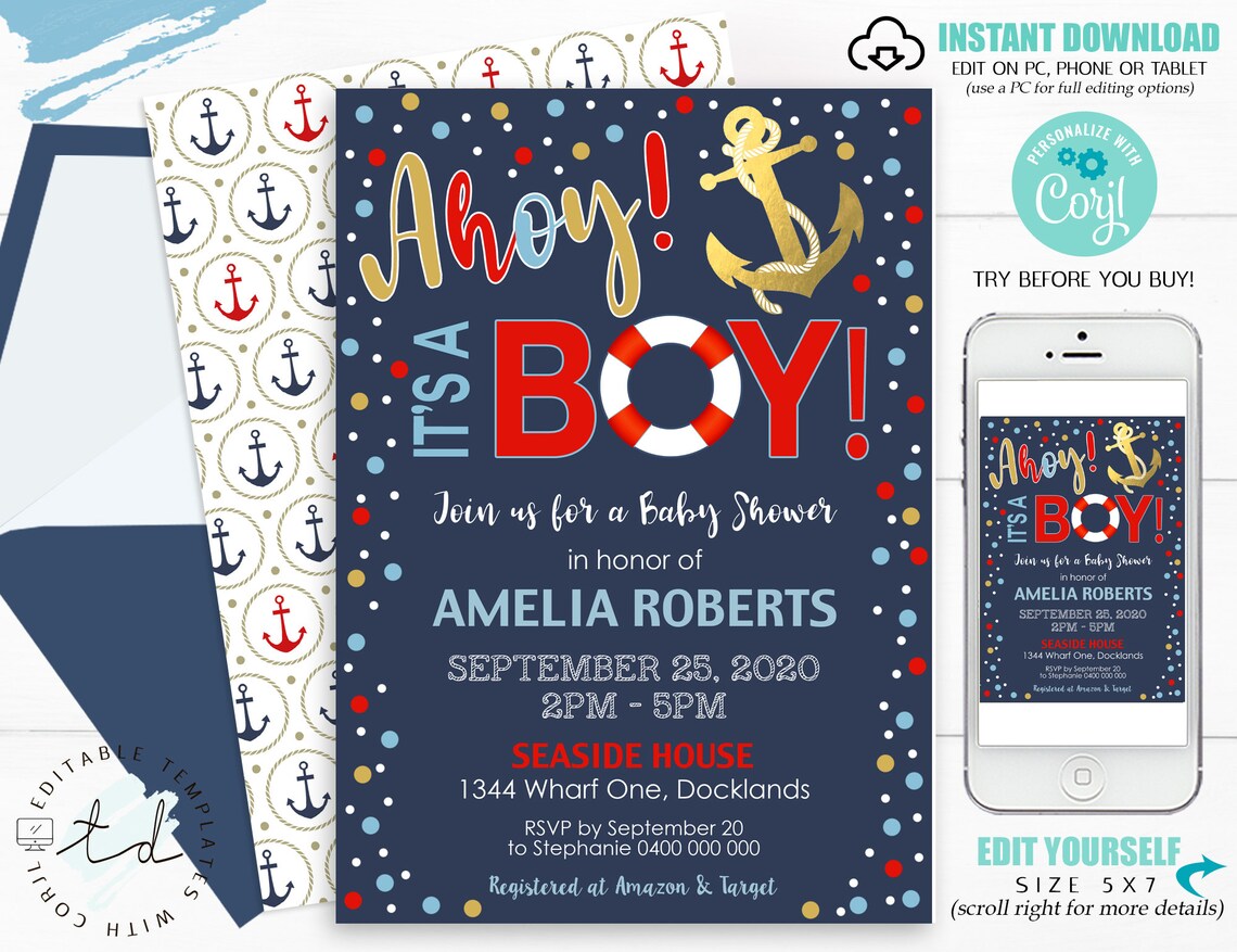 AHOY IT'S A BOY Baby Shower Invitation Anchor Baby Shower Etsy