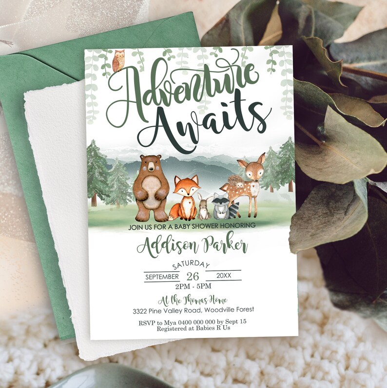 Woodland Baby Shower Invitation Adventure Awaits Baby Shower Invitation Forest Baby Shower Invite Mountains Baby Shower