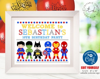 Letrero de bienvenida de cumpleaños de superhéroe: Decoración de fiesta editable (descarga digital)