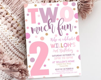 TWO MUCH FUN Birthday Invitation Editable Confetti 2nd Birthday Invitation Instant Download Girl 2nd Birthday Invitation pink purple 2nd