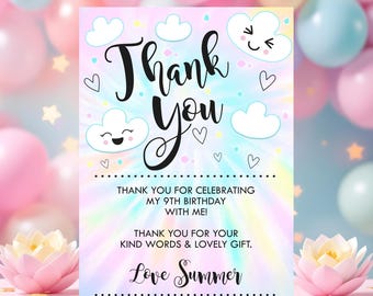 Rainbow Cloud Thank You Card: Editable Cloud 9 Birthday Party (Digital Download)