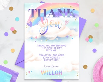 May include: A rainbow thank you card with a cloud and hearts. The text reads "Thank You" in a purple font and "Thank you for sharing this special day with me. Thank you for your kind words & lovely gift. Love from WILLOH".