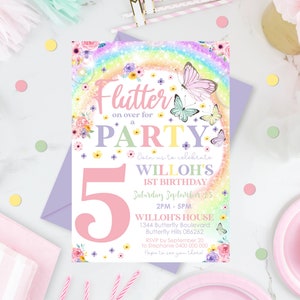 BUTTERFLY BIRTHDAY INVITATION Butterfly Rainbow Invitations Instant Download Butterfly Age Birthday Invitation Corjl Spring Butterfly Invit