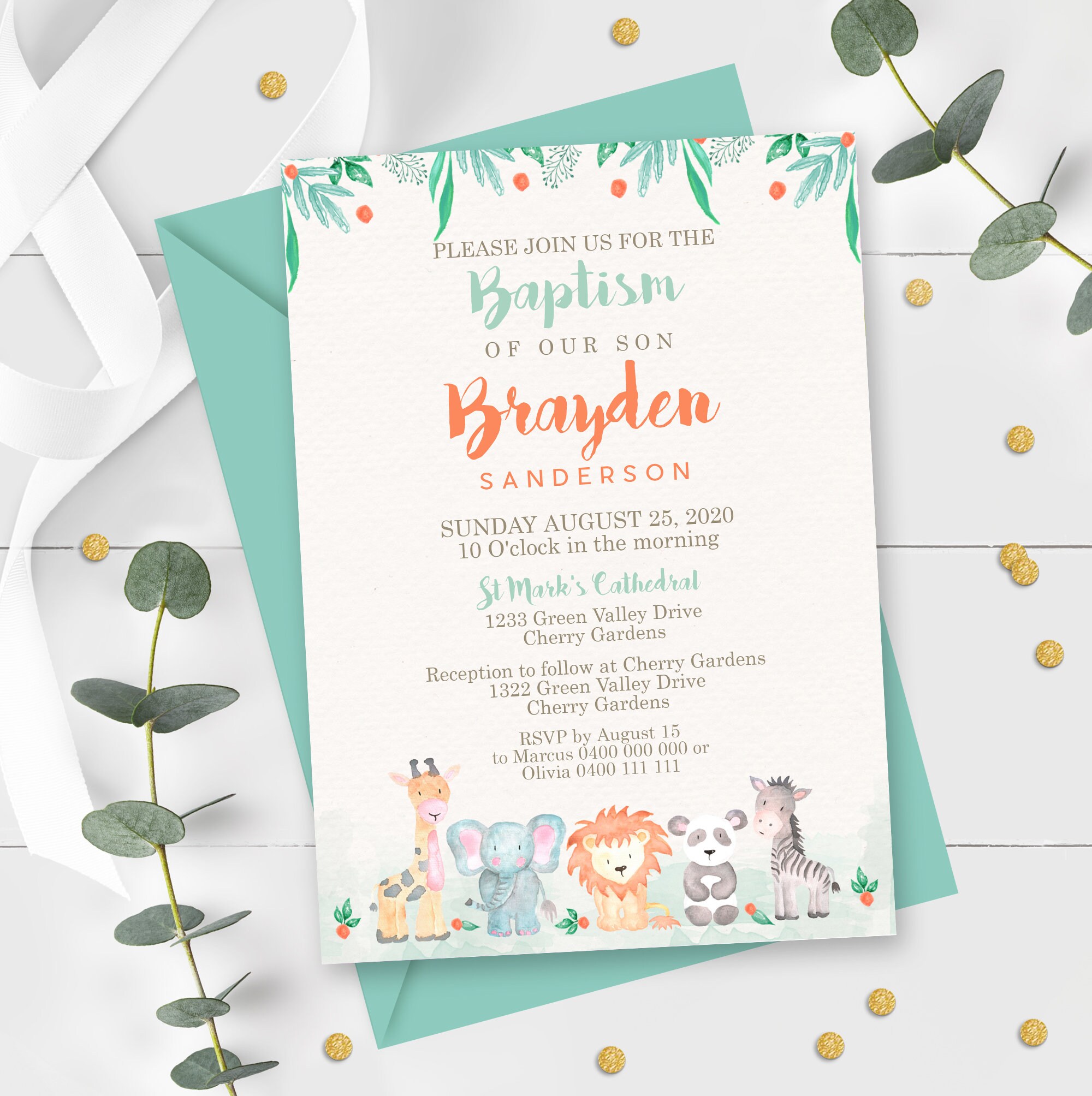 Jungle Animal Baptism Invitation Instant Download Editable Etsy