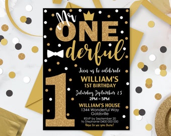 Mr Onederful Invitation Editable Mr Onederful 1st Birthday Invitation Instant Download Mr Onederful Digital Invitation Template Black Gold