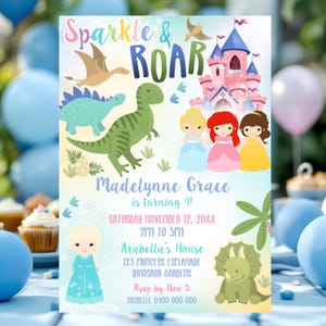 Dinosaur Princess Birthday Invitation: Joint Party Invite (Digital Download, 5x7 in