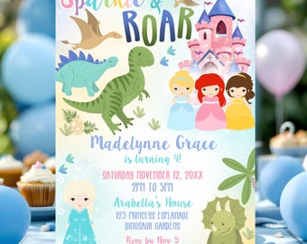 Dinosaur Princess Birthday Invitation: Joint Party Invite (Digital Download, 5x7 in