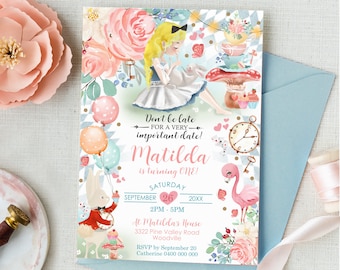 May include: A charming invitation for a first birthday party, with Alice in Wonderland illustrations. The design includes a flamingo, a pocket watch, and the text "Don't be late for a very important date!" The invitation is for Matilda's first birthday.