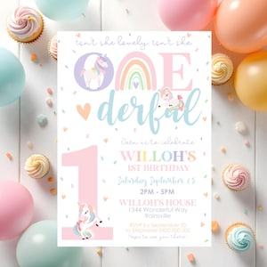 RAINBOW UNICORN 1st Birthday Invitation Editable Isnt she lovely Isnt she Onederful Invitation Digital Modern Rainbows and Unicorns Party