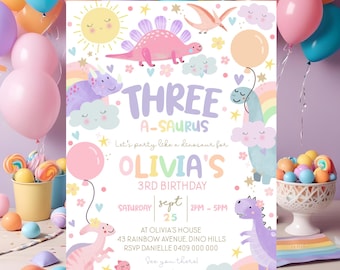 Dinosaur Girl Third Birthday Invitation: Rainbow Dino Three asaurus Party Evite (Digital Download)
