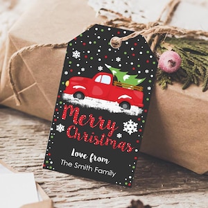 CHRISTMAS GIFT tag Editable Christmas Favor Tag Red Truck with Tree Favor Tags Christmas Ute Favor Tag Personalized Christmas Gift tags Xmas