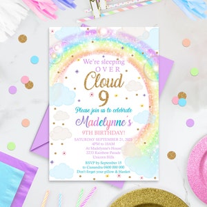 RAINBOW CLOUD 9 Sleepover Invitation Editable Rainbow Clouds 9th Birthday Invitation Corjl We're on Cloud 9 Invitations Rainbow and Clouds