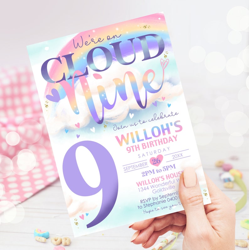 Cloud 9 Birthday Invitation Editable Cloud Nine Birthday Invitation Digital Rainbow Cloud 9 Invitation Watercolor Cloud 9 Party Invitation image 3