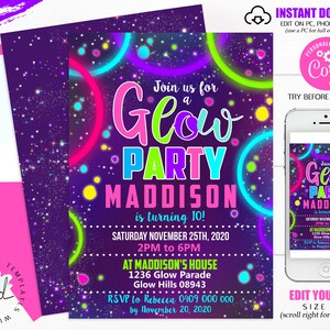 May include: Editable invitation template for a glow party with a purple background and neon pink, green, and blue circles. The text reads "Join us for a Glow Party Maddison is turning 10! Saturday November 25th, 2020 2PM to 6PM at Maddison's House 1236 Glow Parade Glow Hills 08943 RSVP to Rebecca 0409 000 000 by November 20, 2020".
