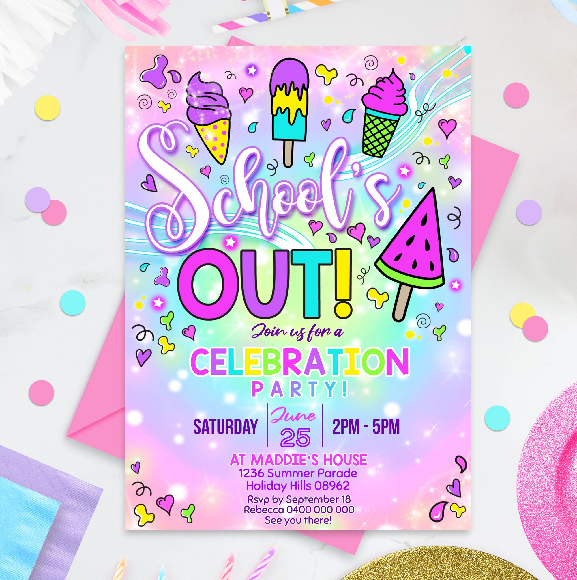 END OF SCHOOL Invitation Editable Schools Out Party Invitation Printable School's Out Icecream Party Invitation School's out for Summer Inv