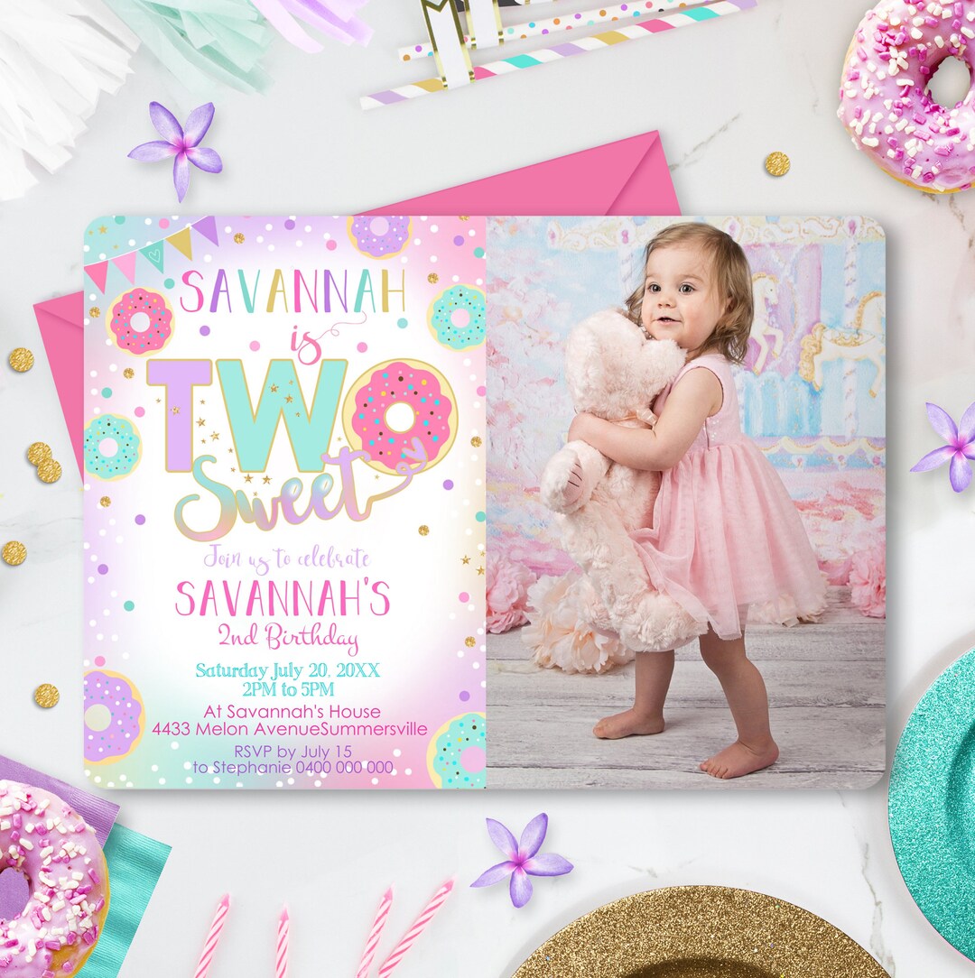 Two Sweet Donut Birthday Invitation Editable Second Birthday Invitation