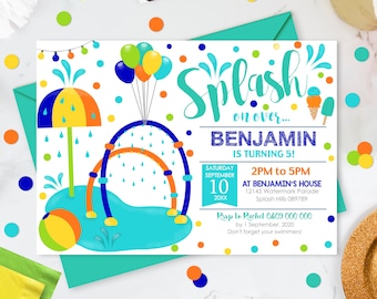 May include: A colorful invitation for a birthday party with a blue and orange water slide, a yellow and orange umbrella, and balloons. The text on the invitation reads "Splash on over... Benjamin is turning 5!"  Saturday, September 10, 20XX, 2 PM to 5 PM, at Benjamin's House, 12145 Watermark Parade, Splash Hills 089789. RSVP to Rachel 0409 000 000 by September 1, 2020. Don't forget your swimmers!