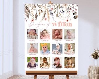 May include: A white poster with a floral design and a pink banner that says "One year of Wilton". The poster has 12 photos of a baby girl at different ages, from 1 month to 1 year.