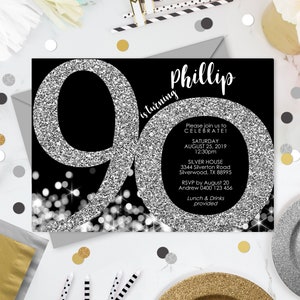 90th Birthday Invitation Instant Download Invitations Silver 90th Birthday Invitation Silver Confetti 90th Invitation Corjl Adult Invite