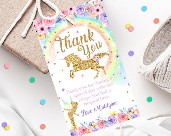 FAIRY UNICORN Favor Tags Instant Download Rainbow Unicorn Fairy Favor Tags Editable Rainbow Unicorn Fairy Thank you Tags Digital Favor Tag