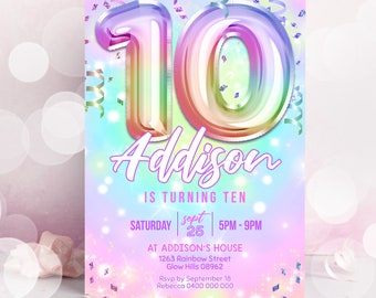 May include: A colorful invitation for a 10th birthday party. The invitation features a rainbow-colored number 10 with the name Addison and the text "Is Turning Ten". The invitation also includes the date, time, and location of the party.