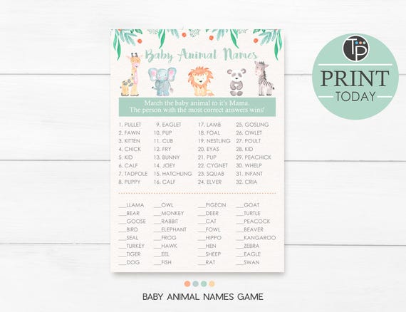 Baby Animal Shower Game Instant Download Baby Animal Name Game Etsy