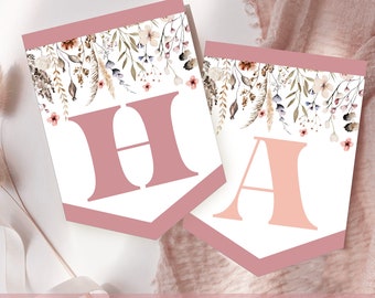 May include: Two pink and white pennant flags with floral designs and the letters "H" and "A" in a light pink color. The flags are 5x7 inches and say "Happy Birthday Flags" at the bottom.