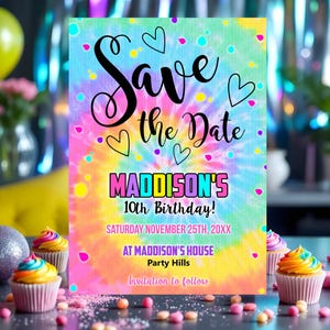 SAVE THE DATE Einladung Tie Dye Save Date Geburtstag bearbeitbarer Regenbogen-Geburtstag Save the Date Digital Tie Dye einladen Download Tie Dye Corjl