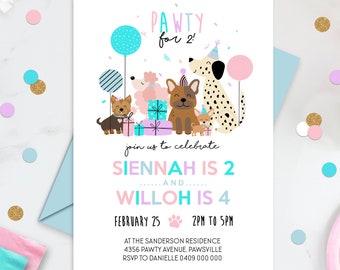 May include: A white invitation card with a paw print design. The card features a group of cartoon dogs wearing party hats and holding presents. The text on the card reads "Pawty for 2!" and "Siennah is 2 and Willoh is 4". The date and time of the party are listed as "February 25, 2PM to 5PM". The location is listed as "At the Sanderson Residence, 4356 Pawty Avenue, Pawsville". The RSVP information is listed as "RSVP to Danielle 0409 000 000".