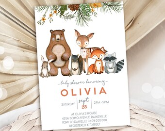 Könnte beinhalten: Eine Babyparty-Einladung mit Wald-Thema. Die Einladung zeigt eine Aquarell-Illustration eines Bären, eines Rehs, eines Fuchses, eines Kaninchens, eines Waschbären und eines Eichhörnchens. Der Text auf der Einladung lautet: "...baby shower honoring... OLIVIA SATURDAY sept 25 2PM-5PM AT OLIVIA'S HOUSE 4356 BOHO AVENUE, RAINSVILLE RSVP TO DANIELLE 0409 000 000 REGISTERED AT TARGET"