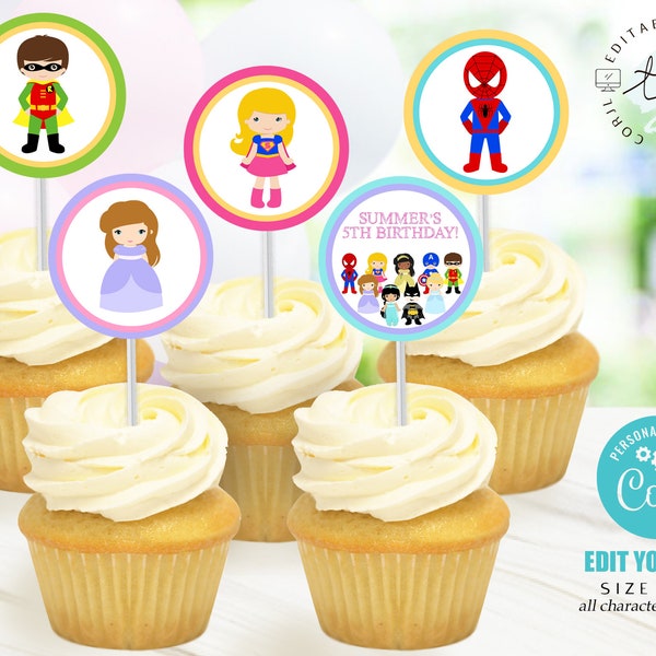 Princess Superhero Cupcake Toppers Instant download Princess Cupcake Toppers Princess Cupcake Toppers Printable Princess Superhero Decor