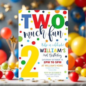 Invito per il secondo compleanno "Two Much Fun": design con coriandoli modificabile (download digitale)